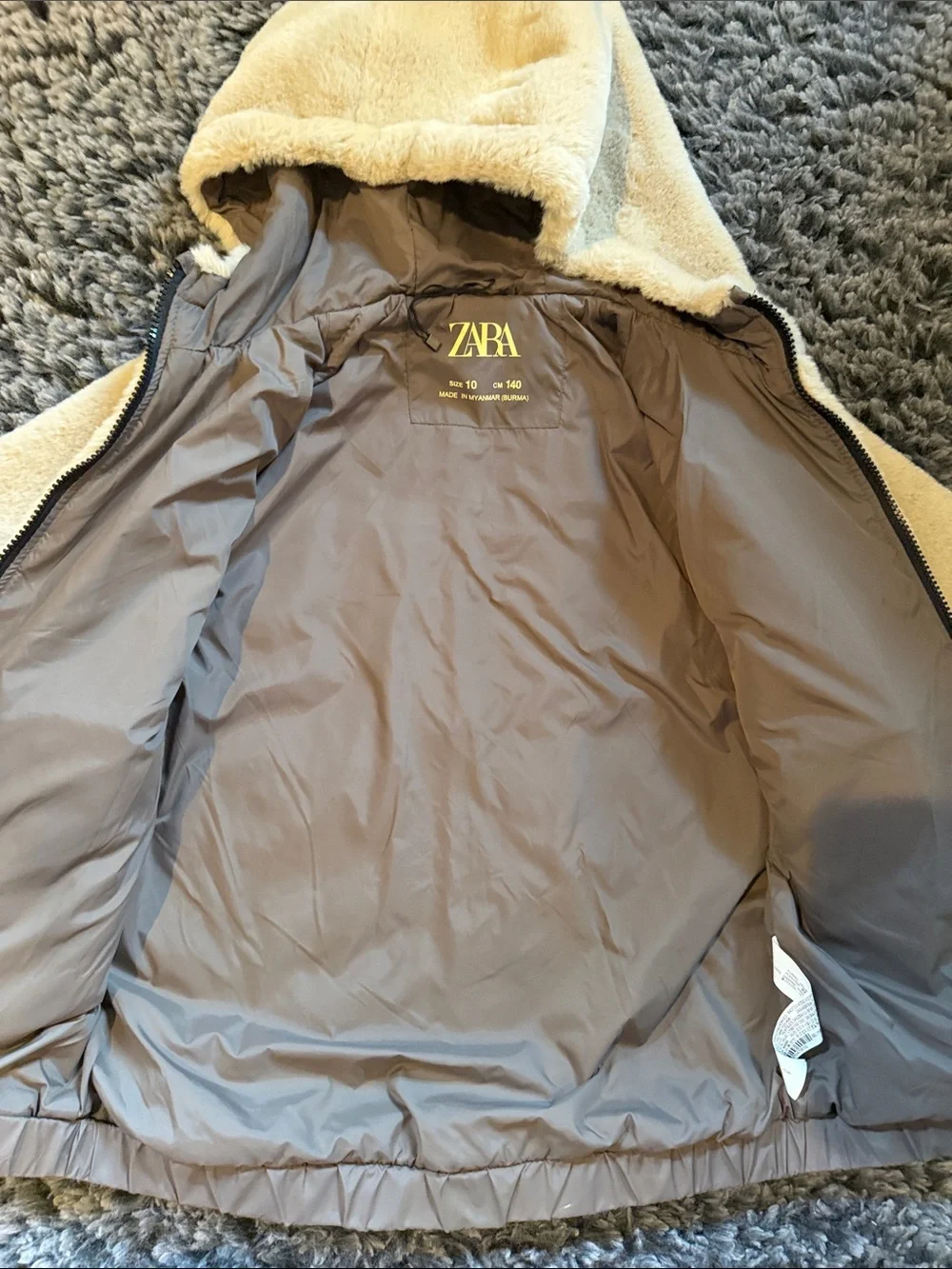 Zara Kids Beige Faux-Fur Hooded Puffer Jacket
